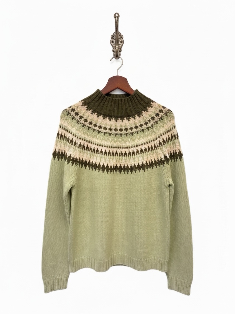 Sage Green Fair Isle Mock Neck Sweater Nordic Cozy Cabin Core Old Money Large - Picture 6 of 6